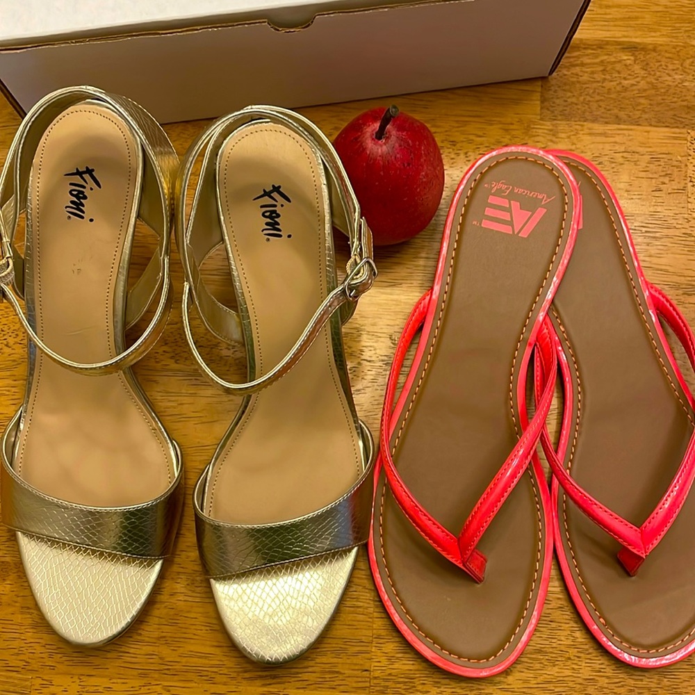 Gold heels (3” heel) size 13. Coral thongs (13) also in same box. Never worn.